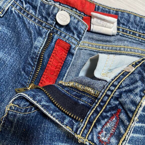 Vintage Y2K Let me be Blue Jean Denim Mini Skirt Size 3 Front Slit - Picture 3 of 7